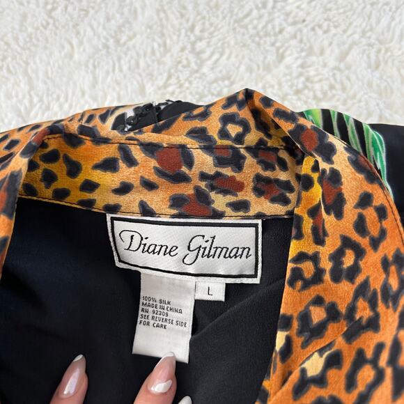 VTG NWT Diane Gilman Cheetah Tropical L Blk Silk Sequins Flowers 90s Maximalist - Picture 5 of 6